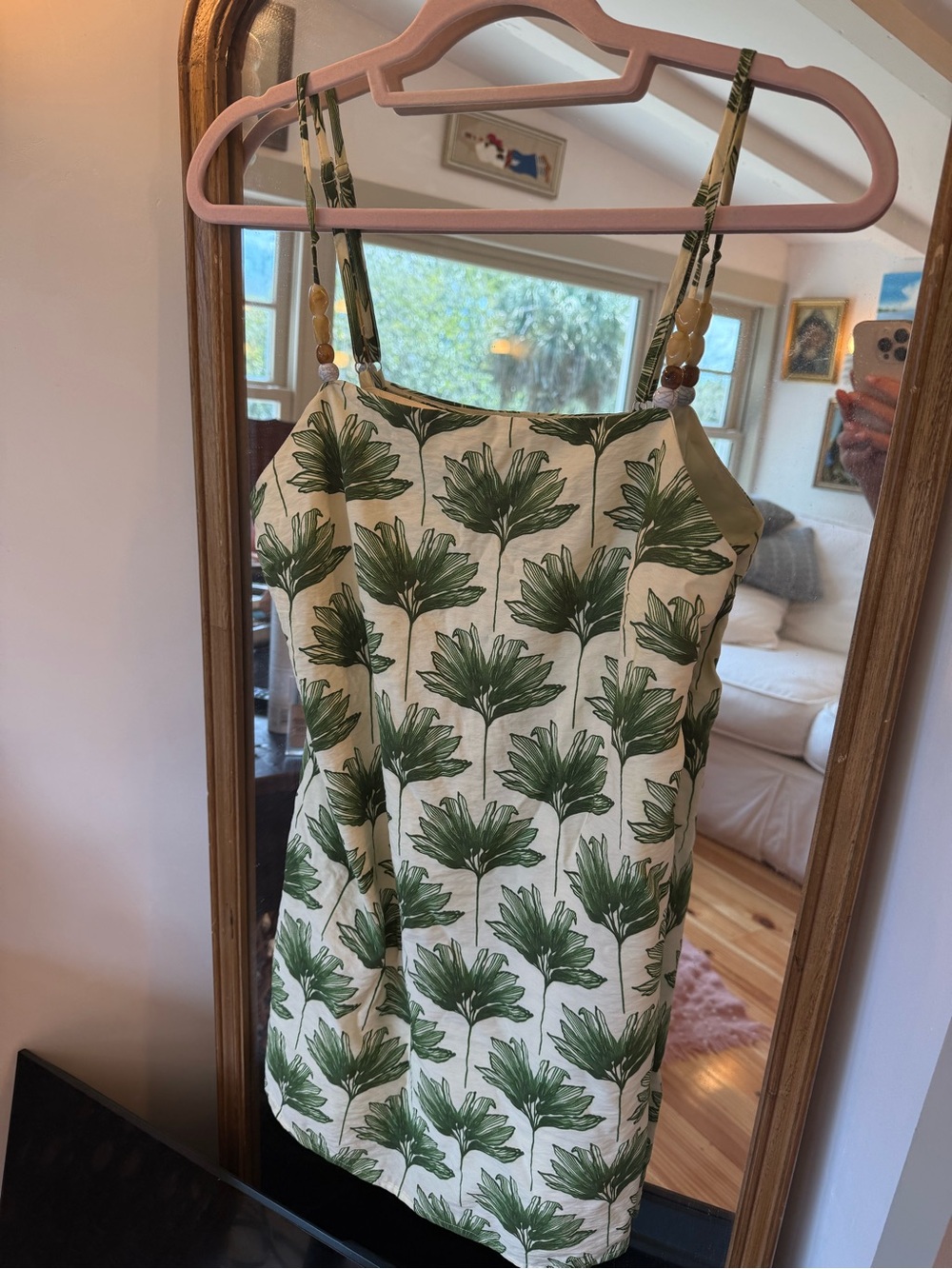 Anthropologie Cream Mini Dress with Green Palm Print
